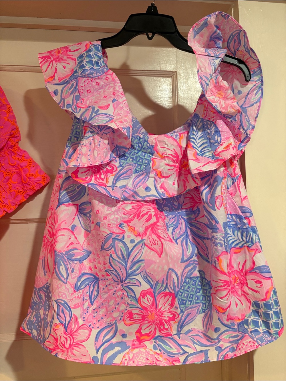 Lilly Pulitzer XL Floral Ruffle Tank Top with Blue Accents